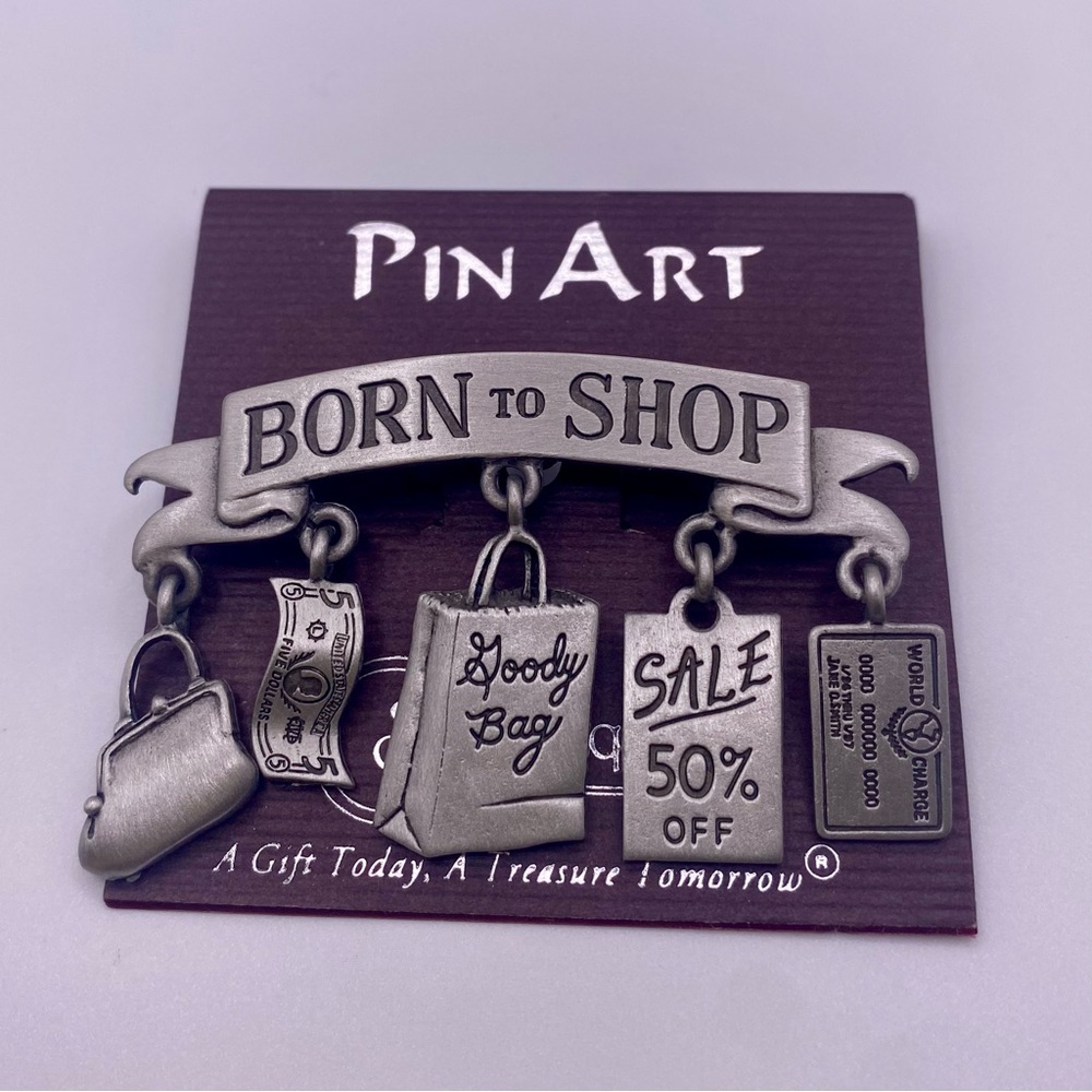 Vintage JJ “Born to Shop” Pewter Brooch New on Card